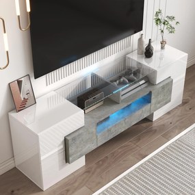 Dulap TV cu iluminare LED, suprafețe din sticlă, cu 6 uși, 2 sertare și 3 compartimente, 145x30x51 cm, Alb+Gri