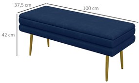 HOMCOM Bancă bancă cutie de depozitare 2 în 1 scaun aspect catifelat și picioare de oțel - 100 x 37,5 x 42 cm bleu și aurit | Aosom Romania