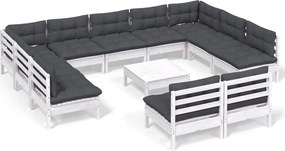 vidaXL Set mobilier grădină cu perne, 12 piese, alb, lemn masiv pin