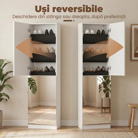 HOMCOM Dulap pentru Pantofi cu Oglindă, Uși Reversibile cu 5 Rafturi din Material Textil, 50 x 20 x 180 cm, Alb | Aosom Romania