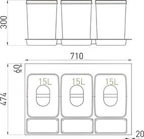 Coș gunoi încorporabil în sertar, Ecomax Praktico 800, colectare selectivă, 3 x 15 l Plastic, Gri, L:710 mm; A:475 mm; H:300 mm, 800 mm
