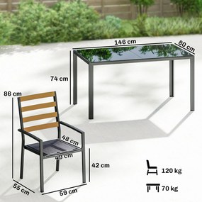 Outsunny Set Masă și Scaune de Grădină 7 Piese, Set pentru Prânz în Aer Liber cu Masă Dreptunghiulară din Sticlă Securizată, 6 Scaune, Perne, Cadru din Oțel Zincat pentru Terasă Balcon, Negru | Aosom Romania