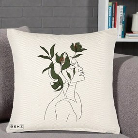 Perna Decorativa Portret Feminin Crin Verde, 40x40 cm, Crem Reliefat, Husa Detasabila, Perna Inclusa, BEKZ®