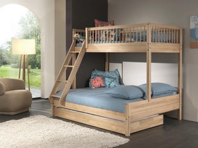 Pat de Familie Supraetajat Forrest Oak (140x200 cm + 90x200 cm), pentru Camera Copii, din Lemn de Stejar, Natur, cu Sertar – Vipack