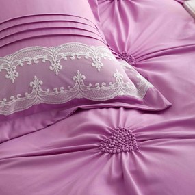 Lenjerie pat dublu, Inimi Brodate, 6 Piese, Finet Premium - Roz