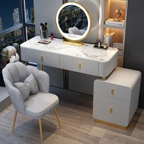RESIGILAT Set Eleanor, Masă de toaletă pentru machiaj cu oglindă iluminată LED, control touch, 4 sertare, comoda, scaun, Gri