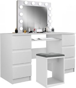 Masuta machiaj cu Oglinda LED si 6 Sertare pentru Cosmetice, Set Masa toaleta 130 cm, Alb Lucios, masuta cosmetica, vanity - SEA540