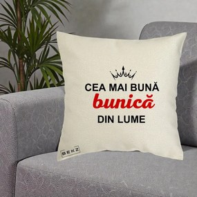 Cadou pentru Bunica - Perna Personalizata Cea Mai Buna Bunica Din Lume Coroana Neagra, 40x40 cm, Ecru, Husa Detasabila, Perna Inclusa, BEKZ®