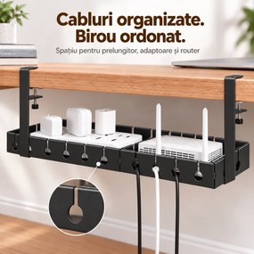 Organizator de cabluri sub birou, extensibil 43–74 cm, lățime 14 cm, prindere fără găurire, oțel carbon, Negru