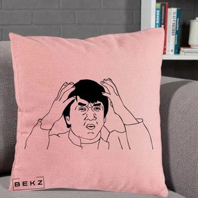 Perna Decorativa Jackie Chan WTF, 40x40 cm, Roz, Husa Detasabila, Perna Inclusa, BEKZ®