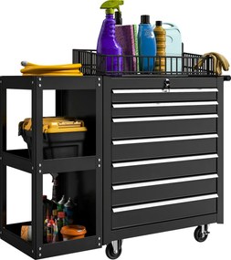 HOMCOM Carucior de atelier pentru unelte cu 7 sertare, poliță laterală detașabilă, 4 roți cu frână de blocare, 96x33,5x75cm, Negru | Aosom Romania