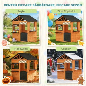 AIYAPLAY Căsuță de Grădină pentru Copii din Lemn de Brad, Căsuță pentru Exterior cu Bucătărie, 4 Ferestre, Ușă Parțială, Bancă, Raft și Acoperiș, pentru Copii 3-8 Ani, 171.5x146x156 cm, Maro | Aosom Romania