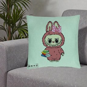 Perna Personalizata Labubu Roz cu Funda si Carti, 40x40 cm, Verde Menta, Husa Detasabila, Perna Inclusa, BEKZ®