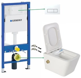 Set vas wc suspendat cu functie bideu si baterie auriu mat Foglia Safari, rezervor wc incastrat si clapeta alb alpin, Geberit Delta 51