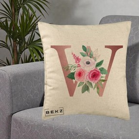 Cadou Personalizat - Perna Personalizata Monograma Rose Gold Litera W cu Trandafiri si Anemona, 40x40 cm, Bej, Husa Detasabila, Perna Inclusa, BEKZ®