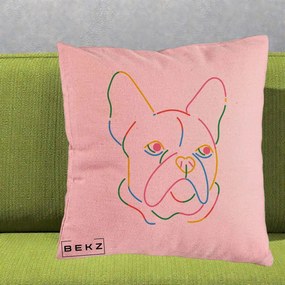 Perna Decorativa Bulldog Francez Line Art Curcubeu, 40x40 cm, Roz, Husa Detasabila, Perna Inclusa, BEKZ®