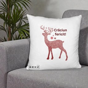 Perna Decorativa Ren Sclipitor Glitter Craciun Fericit, 40x40 cm, Alb Pufos, Husa Detasabila, Perna Inclusa, BEKZ®