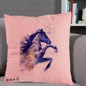 Perna Decorativa Cal Albastru Acuarela, 40x40 cm, Roz, Husa Detasabila, Perna Inclusa, BEKZ®