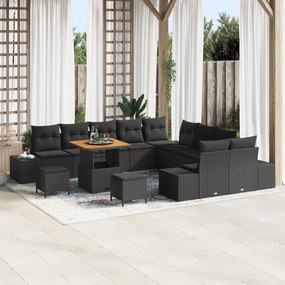 Set de sofa de grădină vidaXL cu 13 piese și perne Negru Poliratan Acacia