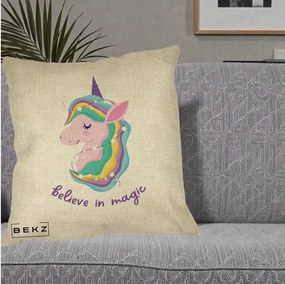 Perna Decorativa Unicorn Believe in Magic, 40x40 cm, Crem, Husa Detasabila, Perna Inclusa, BEKZ®