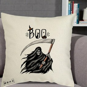 Perna Decorativa Halloween Boo Grim Reaper cu Coasa, 40x40 cm, Ecru, Husa Detasabila, Perna Inclusa, BEKZ®