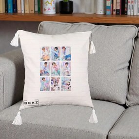 Perna Personalizata K-pop BTS Colaj 9 Fotografii Autografe Individual, 40x40 cm, Bej cu Franjuri, Husa Detasabila, Perna Inclusa, BEKZ®