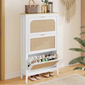 HOMCOM Dulap pentru încălțăminte 21 perechi boem cu 3 sertare rabatabile, uși cu efect cannage ratan, 80 x 24 x 131 cm, alb | Aosom Romania