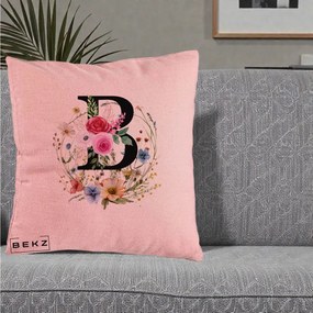 Cadou Personalizat - Perna Personalizata Monogram Litera B cu Flori Acuarela, 40x40 cm, Roz, Husa Detasabila, Perna Inclusa, BEKZ®