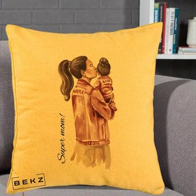 Cadou pentru Mama - Perna Personalizata Super Mom Jachete Roz, 40x40 cm, Galben, Husa Detasabila, Perna Inclusa, BEKZ®