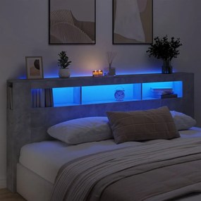 837375 vidaXL Tăblie de pat cu LED, gri beton, 220x18,5x103,5 cm, lemn