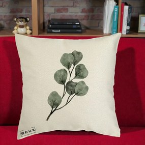Perna Decorativa Ramura Eucalipt Acuarela, 40x40 cm, Ecru, Husa Detasabila, Perna Inclusa, BEKZ®