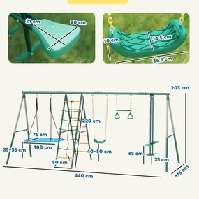 AIYAPLAY Cadru 5-în-1 pentru leagăn cu leagăn-tip-cuib reglabil, inele de gimnastică, scaun dublu, cadru de cățărare pentru 3-8 ani 440x175x203 cm | Aosom Romania