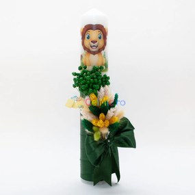 Lumanare botez cu flori uscate si spice de grau, Leut, Verde, 35x6 cm - LPB-310