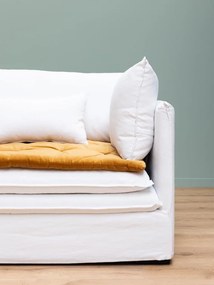 Canapea 3 locuri din in alb, cu saltea capitonată din catifea muștar și 6 perne, 76 x 240 x 97 cm, „Tulum”