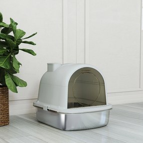 PawHut Litieră pentru Pisici din Oțel Inoxidabil cu Capac Sac Deodorizant Lopată Ușor de Curățat 52,4x41,3x39,9 cm Gri | Aosom Romania