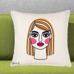 Perna Decorativa Portret Pop Art Fata, 40x40 cm, Crem Reliefat, Husa Detasabila, Perna Inclusa, BEKZ®