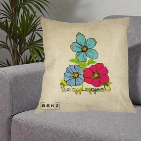 Perna Decorativa Trei Flori Grafice Pop Art, 40x40 cm, Crem, Husa Detasabila, Perna Inclusa, BEKZ®