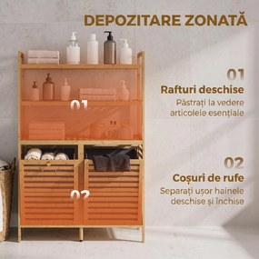 HOMCOM Dulap pentru Rufărie Dublu Rabatabil, Bambus, 2 Coșuri, 3 Rafturi, Culoare Stejar | Aosom Romania