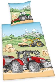 Lenjerie de pat din flanelă pentru copii Herding Tractor, 135 x 200 cm, 80 x 80 cm
