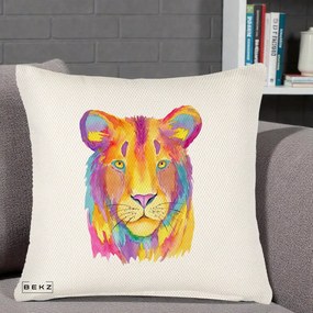 Perna Decorativa Leu Acuarela Curcubeu, 40x40 cm, Crem Reliefat, Husa Detasabila, Perna Inclusa, BEKZ®