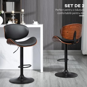 HOMCOM Set de 2 Scaune de Bar cu Spătar Reglabil pe Înălțime, Lemn și Piele Ecologică, 53x52x92-112 cm, Negru | Aosom Romania
