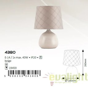 Veioza, lampa de masa, finisaj bej, diametru 18cm, Ellie 4380 RX