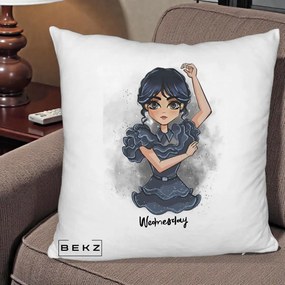 Perna Personalizata Wednesday Addams Dancing Queen, 40x40 cm, Alb Pufos, Husa Detasabila, Perna Inclusa, BEKZ®