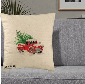 Perna Decorativa Camioneta Rosie Brad de Craciun, 40x40 cm, Bej, Husa Detasabila, Perna Inclusa, BEKZ®