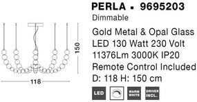 Lustra LED cu 5 pendule, dimabila, deosebita design lux PERLA opal, auriu