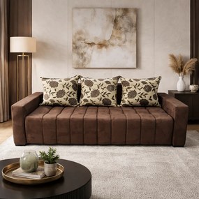 Canapea ZARA extensibila, 3 locuri, cu lada de depozitare, stofa suede maro si bej , 220x95x80 Maro + Bej, Stofa Suede