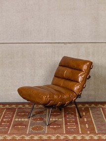 Fotoliu lounge din piele naturală top grain cognac cu structură din stejar și metal, „Spinal”