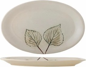 Platou de servire din ceramică artizanală natur cu finisaj antichizat și motive botanice cu frunze, 30×19×2 cm, "Aubrin