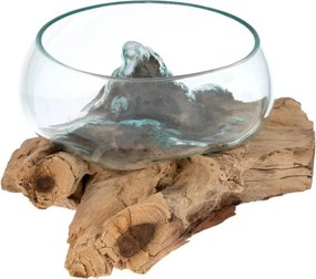 Bol din sticlă suflată pe lemn de tec, 20 cm