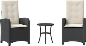 vidaXL Set bistro cu perne, 3 piese, negru, poliratan